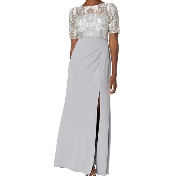 Adrianna Papell - Silver Lace Bodice Gown with Slit - Picture 1 of 12
